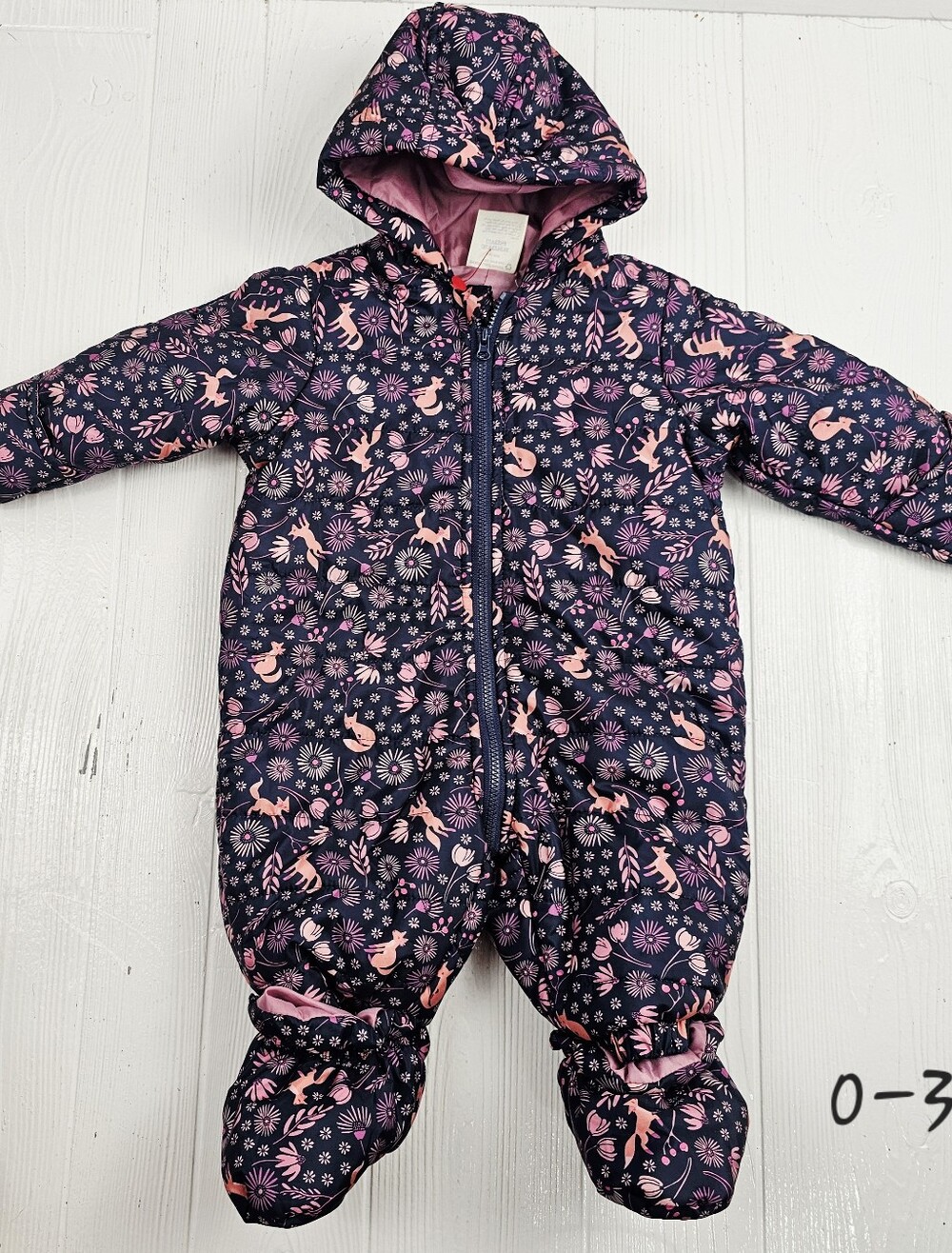 Little Beginnings floral and fox print fleece-lined baby pram snowsuit